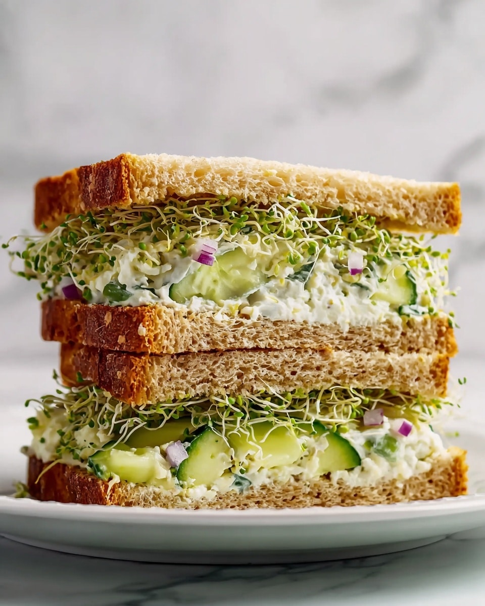 A close-up of a two-layer sandwich shows three slices of toasted brown bread with a rough texture. Between the bottom and middle bread layers, there is a thick layer of creamy white spread mixed with green cucumber slices and small pieces of green herbs, topped with fresh green sprouts and thin slices of purple onion. The middle layer repeats this with the same creamy spread, cucumber, herbs, sprouts, and purple onion slices before it is covered with the top toast slice. The sandwich is placed on a white plate with a white marbled background. photo taken with an iphone --ar 4:5 --v 7
