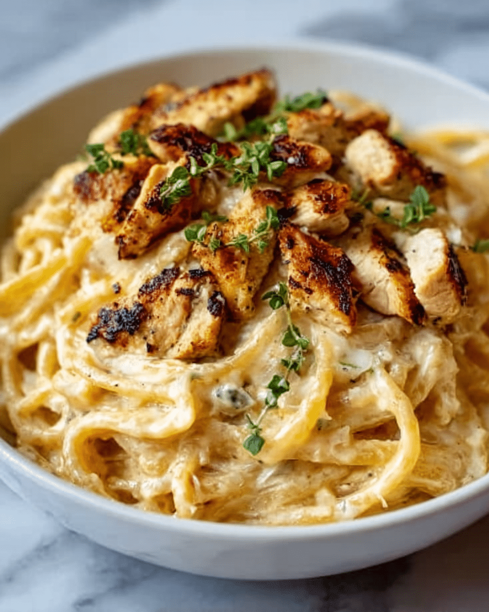 The image shows a white bowl filled with creamy fettuccine pasta. On top, there are several pieces of grilled chicken that have a golden brown and slightly charred surface, adding texture. The pasta is coated in a smooth, light beige sauce that looks rich and thick. Green parsley leaves are sprinkled over the chicken and pasta, adding a fresh touch of color. The background is a white marbled texture. photo taken with an iphone --ar 4:5 --v 7