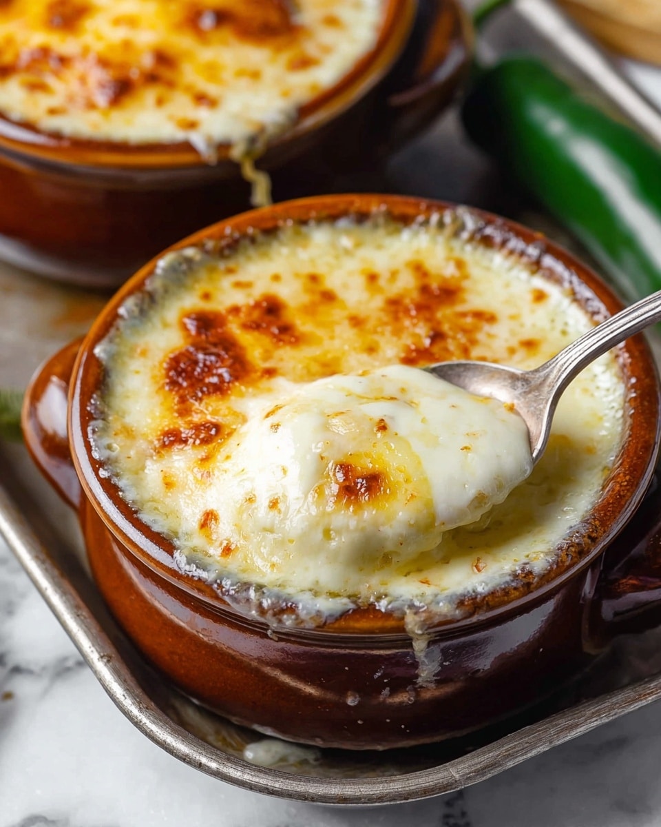 A small brown ceramic bowl is filled with a creamy, bubbly, melted cheese dish that is golden brown and slightly charred on top, showing a mix of smooth and crispy textures. The cheese is thick and gooey, lifting with a silver spoon, revealing layers of mild yellow melted cheese inside. A green jalapeño pepper is partially visible on the side, placed on a white marbled surface, adding a fresh contrast to the warm dish. The scene is close-up and focuses on the rich, cheesy texture inside the bowl. photo taken with an iphone --ar 4:5 --v 7