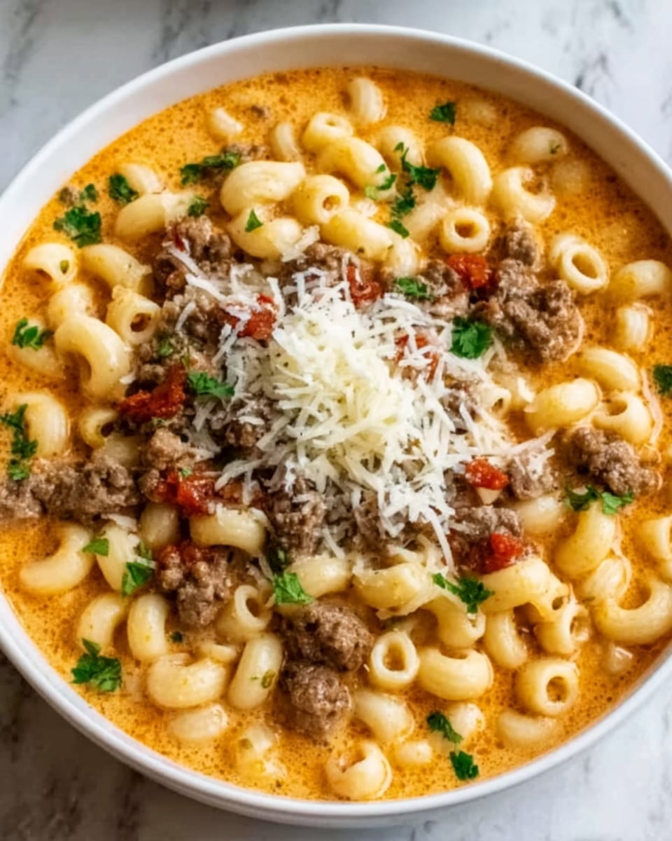 The image shows a white bowl filled with creamy, orange-colored soup with small macaroni pasta floating throughout. On top, there are small chunks of browned ground meat, and a sprinkle of grated white cheese is placed in the center. The dish is garnished with small green herb pieces scattered around. The bowl sits on a white marbled surface. photo taken with an iphone --ar 4:5 --v 7