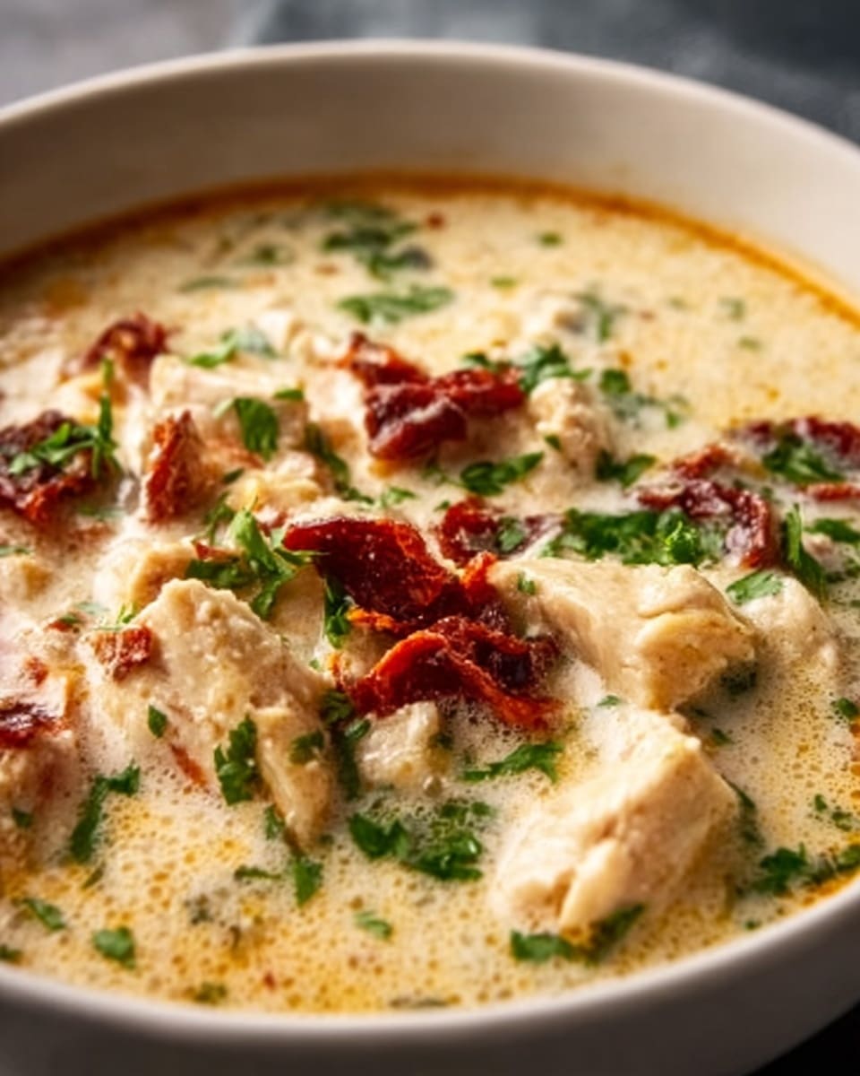 A white bowl filled with creamy soup that has a thick texture, mostly pale yellow with light spots of orange oil floating on top. Inside, there are pieces of shredded chicken and small chunks of reddish sun-dried tomatoes visible. Fresh green herbs are sprinkled all over, adding a touch of color contrast. The soup looks rich and slightly smooth with bits of ingredients floating throughout. The background is a white marbled surface. photo taken with an iphone --ar 4:5 --v 7