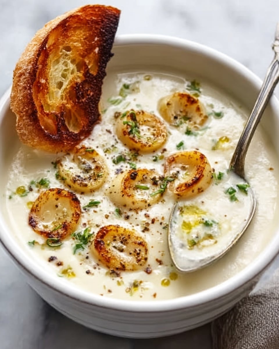 A white bowl filled with creamy soup topped with slices of golden-brown toasted garlic, herbs, and cracked black pepper. The soup is light beige and smooth, with a silver spoon resting inside the bowl on the right. A piece of toasted bread with a crispy, browned crust is placed on the edge of the bowl, partially dipped into the soup. The scene is set on a white marbled surface. Photo taken with an iphone --ar 4:5 --v 7