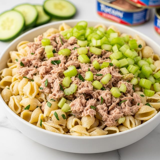 A close-up view of a white bowl filled with a creamy tuna pasta salad on a white marbled surface. The salad shows three main layers: small curled pasta shells in light beige color forming the first layer, a mix of small light pink tuna flakes spread evenly throughout, and diced bright green celery pieces adding freshness and texture scattered on top. Small bits of green herbs are mixed evenly, adding specks of darker green throughout. In the background, there are sliced cucumber rounds and two canned tuna containers slightly out of focus. photo taken with an iphone --ar 4:5 --v 7