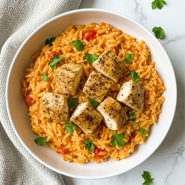 A white bowl filled with a creamy orzo pasta mixed with a tomato sauce, topped with pieces of cooked chicken that have a golden-brown color with black pepper specks. The orzo is coated in the sauce, giving it a soft orange hue with visible small tomato chunks. The dish is garnished with fresh green parsley sprinkled evenly on top. The bowl sits on a white marbled surface with a textured beige cloth partially visible on the side. photo taken with an iphone --ar 4:5 --v 7