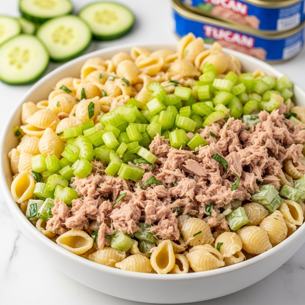 A white bowl filled with a creamy pasta salad that has three main layers: the base layer of small, curved macaroni pasta with a pale beige color, the middle layer of light green celery chunks and bright green chopped herbs scattered throughout, and the top layer showing a mix of shredded tuna mixed in with the creamy white dressing that coats the whole dish. The bowl sits on a white marbled surface with sliced cucumber rounds, two blue canned tuna tins with yellow lids, and a small white bowl containing green dried herbs blurred in the background. photo taken with an iphone --ar 4:5 --v 7