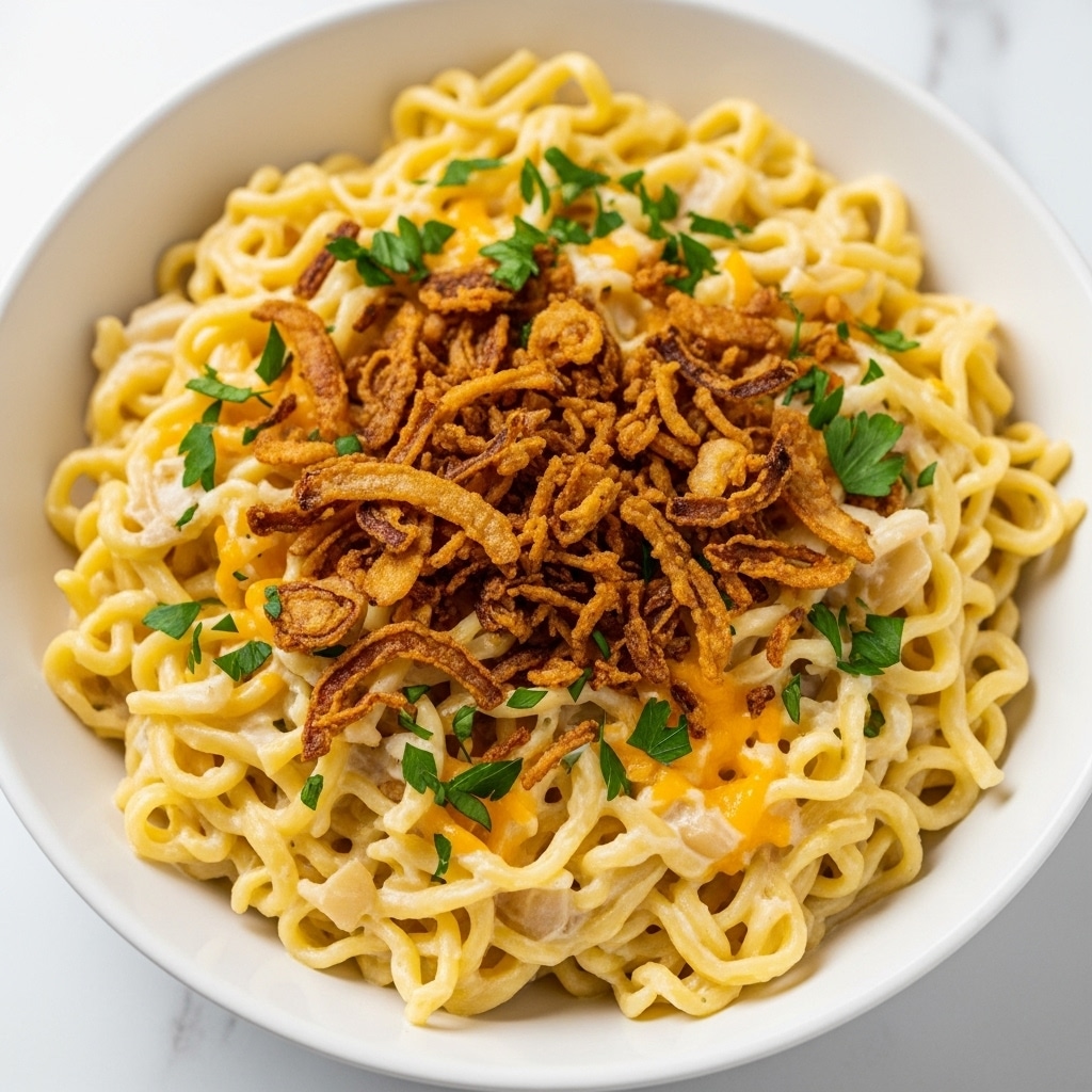 A close-up of a creamy noodle dish in a white bowl on a white marbled surface, showing a base layer of soft, pale yellow cooked noodles mixed with a light creamy sauce, topped with a layer of golden brown crispy fried onions scattered unevenly, and small green parsley pieces sprinkled on top for contrast. The noodles have a slightly glossy texture and some melted cheese is visible mixed in, with the fried onions adding a crunchy texture on the top layer. photo taken with an iphone --ar 4:5 --v 7