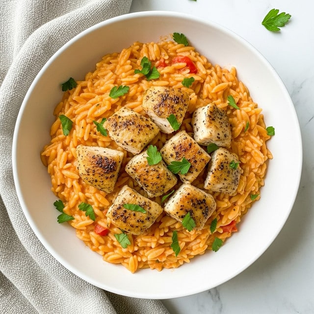 A close-up view of a bowl filled with creamy orzo pasta mixed with small pieces of cooked chicken breast. The orzo is coated in a light orange tomato-based sauce with visible small tomato chunks. Cooked chicken chunks are scattered evenly on top. The dish is garnished with bright green, chopped fresh parsley sprinkled over the pasta and chicken. The bowl is white with a rough, dark rim and sits over a white marbled surface with a brown woven cloth partially visible to the side. photo taken with an iphone --ar 4:5 --v 7