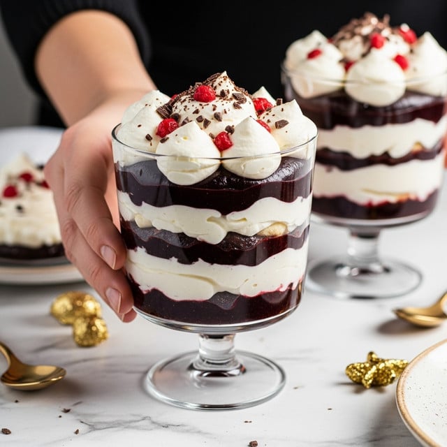 The image shows a clear glass dessert cup filled with multiple layers of a rich dessert. The bottom layer is a dark, smooth chocolate or berry sauce. Above that is a creamy white layer that looks soft and whipped. Over this is another dark layer that appears thick and glossy. The top is covered with dollops of whipped cream, sprinkled with small red fruit pieces and chocolate flakes. A woman's hand is gently holding the rim of the cup. The cups are set on a table with a white marbled texture, and some gold decorative items are nearby. Photo taken with an iphone --ar 4:5 --v 7