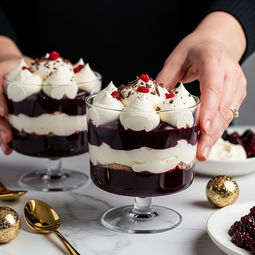 A clear glass dessert cup filled with three main layers: the bottom layer is a thick, dark brown chocolate sauce, topped by a creamy light tan ice cream with smooth texture, and crowned with whipped cream that looks soft and fluffy. Scattered on top are deep red cherries, some whole and some sliced, adding bright color, along with small pieces of crunchy nuts. A woman's hand is gently touching the side of the glass, and the cup is placed on a white marbled surface. photo taken with an iphone --ar 4:5 --v 7
