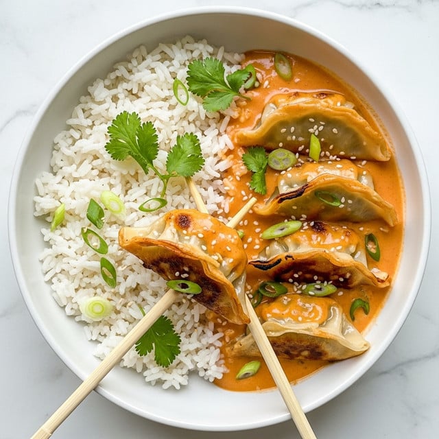 A white bowl holds a dish with two main parts: on one side is a mound of plain white rice with fluffy grains, and on the other side are four golden brown dumplings coated in a creamy orange sauce. The dumplings show some slight charring on the edges, giving a crisp look to their soft, folded skin. The sauce has a smooth texture, pooling around the dumplings and mixing slightly into the rice. Green sliced scallions and fresh cilantro leaves are sprinkled on top, along with a few white sesame seeds. Two light wooden chopsticks are placed crossing the bowl, with one dumpling held gently between them. The background is a white marbled surface. photo taken with an iphone --ar 4:5 --v 7
