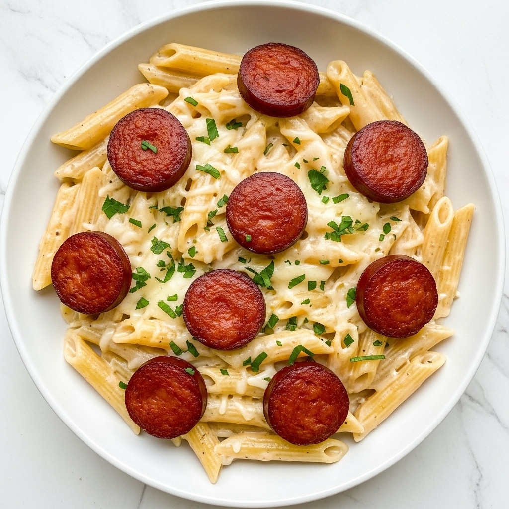 A white plate holds creamy penne pasta coated in a smooth, light orange sauce, topped with browned sausage slices scattered evenly across the dish. In the center, a poached egg with a soft white exterior sits on top, slightly melting into the pasta. Green herbs are sprinkled over the dish, adding a touch of color, and the pasta strands show a firm texture with some shine from the sauce. The background is a white marbled texture. photo taken with an iphone --ar 4:5 --v 7
