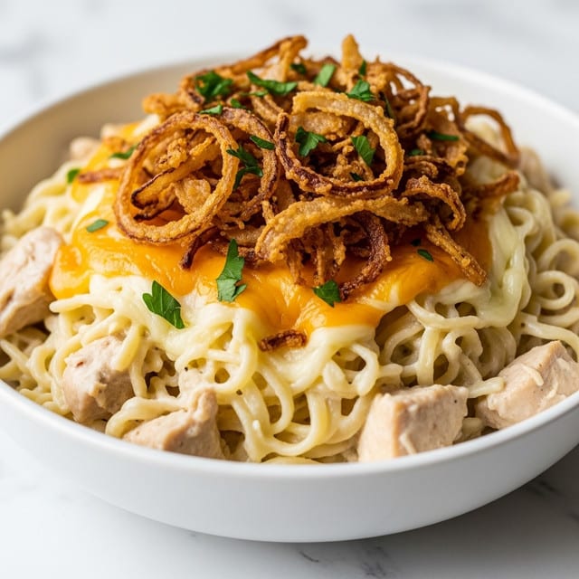 The dish is served in a white shallow bowl placed on a white marbled surface, featuring three main layers. The bottom layer consists of tender noodles coated in a creamy light beige sauce, visible with soft, glossy textures. The middle layer has shredded pieces of light golden chicken mixed closely with the noodles. The top layer is made up of crispy golden-brown fried onions scattered generously, adding rough texture, and sprinkled finely chopped green herbs that bring a fresh pop of color across the dish. Photo taken with an iphone --ar 4:5 --v 7