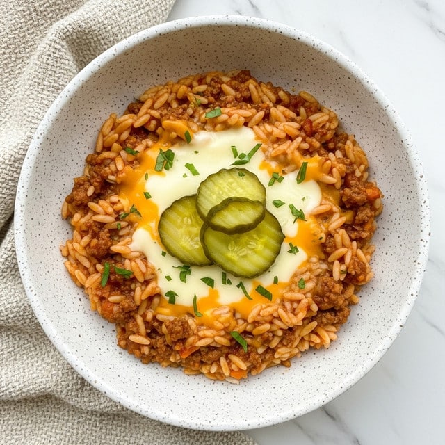 This image shows a speckled bowl filled with layers of food on a white marbled surface next to a beige woven cloth. The bottom layer is a mix of small, rice-shaped pasta and ground beef in a rich, reddish-brown sauce. There are melted yellow cheese spots blended throughout the middle layer, giving a gooey texture. On the top, there are three thick slices of green pickles placed in the center, and small bits of green herbs sprinkled around as garnish. The dish looks warm and hearty. Photo taken with an iphone --ar 4:5 --v 7