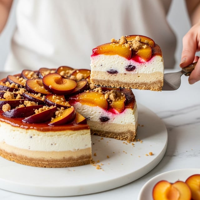 A thick slice of cheesecake is lifted above a whole cheesecake, showing three distinct layers: a golden brown crumbly crust at the bottom, a thick creamy light beige middle layer with visible bits mixed inside, and a glossy red fruit topping with juices that seep slightly into the creamy layer below. The top of the whole cheesecake is decorated with fresh sliced red and orange plums arranged in a circular pattern, with a crunchy crumb topping scattered on one side. The cheesecake sits on a white marbled surface with fresh whole plums nearby, and a woman's hand holds the slice on a white cheesecake server. The image is well lit with natural light and a shallow depth of field. photo taken with an iphone --ar 4:5 --v 7