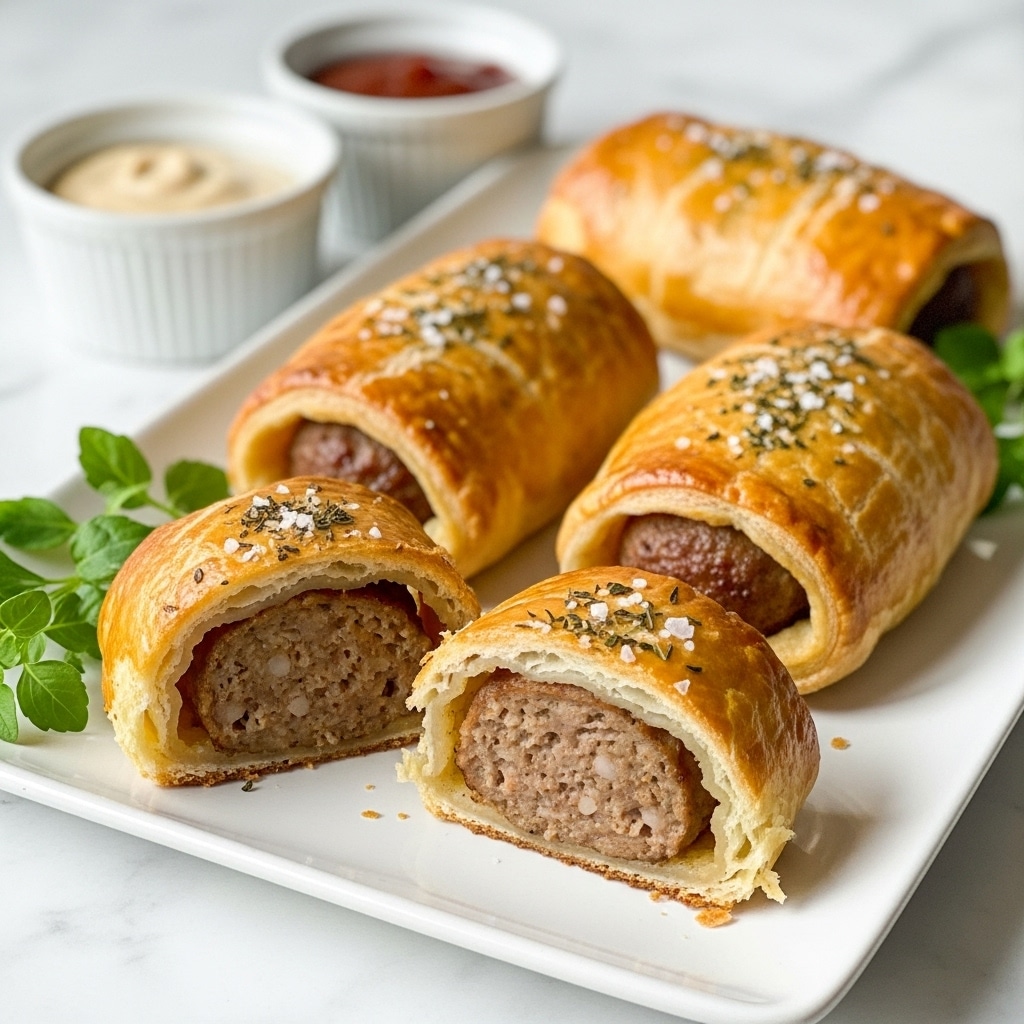 The image shows a white rectangular plate holding four golden brown sausage rolls sprinkled with herbs and coarse salt on top. Each sausage roll has a flaky, shiny crust with crisp edges and inside is a dense, juicy meat filling that is brown and slightly chunky. Two sausage rolls are whole in the back while the front two are cut in half to show the thick layers of pastry wrapping the meat mixture tightly. Fresh green herb sprigs are placed beside the rolls. Behind the plate, two white ramekins contain dipping sauces, one light beige and one reddish-brown. The scene is set on a white marbled surface with soft, natural lighting. photo taken with an iphone --ar 4:5 --v 7