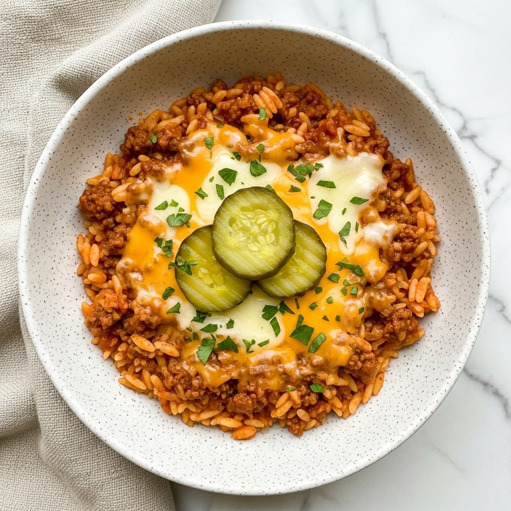 A round speckled bowl filled with a layered dish starting with a base of small, smooth orzo pasta in a light orange sauce. Mixed throughout is a layer of browned ground meat, adding texture and color contrast. A melted layer of cheddar cheese is partially visible, blending with the pasta and meat, giving a glossy look. On top, three green slices of pickles are placed neatly in the center with small bits of green herbs sprinkled around for garnish. The bowl is set on a white marbled surface next to a beige woven cloth. photo taken with an iphone --ar 4:5 --v 7