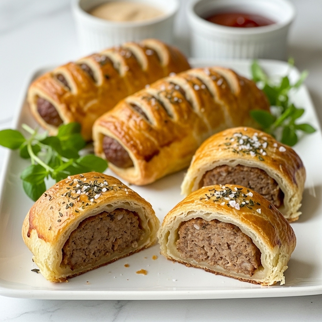 The image shows three cut pieces of sausage rolls placed in a row on a white plate with a brown rim, set on a white marbled surface. Each sausage roll has a golden-brown flaky crust, topped with coarse salt and small green herb leaves, with the inside revealing a textured brown meat filling surrounded by layers of melted cheese and pastry. Two small white ceramic bowls filled with different dipping sauces sit in the background, slightly blurred, while some green herb sprigs lay next to the rolls. photo taken with an iphone --ar 4:5 --v 7