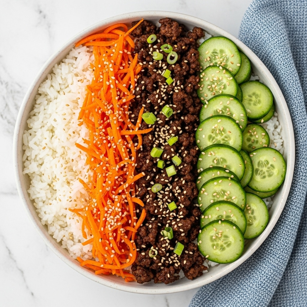 A white bowl filled with four distinct layers arranged side by side. The base layer is white steamed rice with a soft and fluffy texture. On top, there is a heap of dark brown, cooked ground meat with a slightly shiny, sticky surface, sprinkled with green chopped scallions. Next to the meat are thin, bright orange carrot sticks with a slightly glossy look, also sprinkled with sesame seeds and scallions. The final layer features fresh light green cucumber slices, arranged neatly in a fan shape, topped with sesame seeds. The bowl is placed on a white marbled surface. photo taken with an iphone --ar 4:5 --v 7