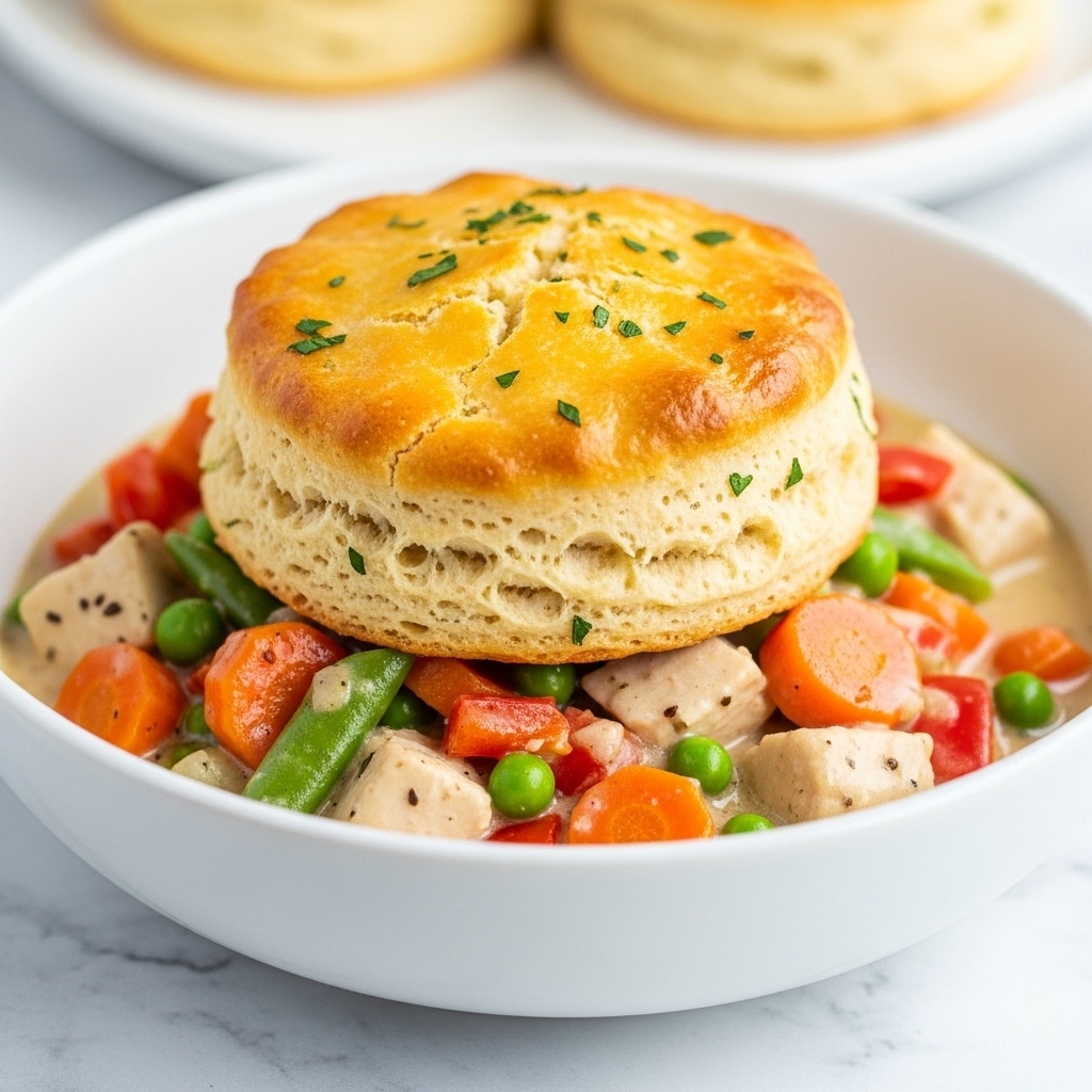 A white bowl holds a thick golden-brown biscuit sitting on top of a creamy chicken and vegetable stew. The biscuit has a shiny, slightly cracked surface sprinkled with small green herb pieces. Underneath the biscuit, the stew is filled with soft chunks of chicken, bright orange carrots, green peas, and red bell peppers, all mixed in a smooth, light-colored sauce. The bowl rests on a white marbled textured surface with a softly blurred background that shows another biscuit dish, giving a warm and cozy feel. Photo taken with an iphone --ar 4:5 --v 7