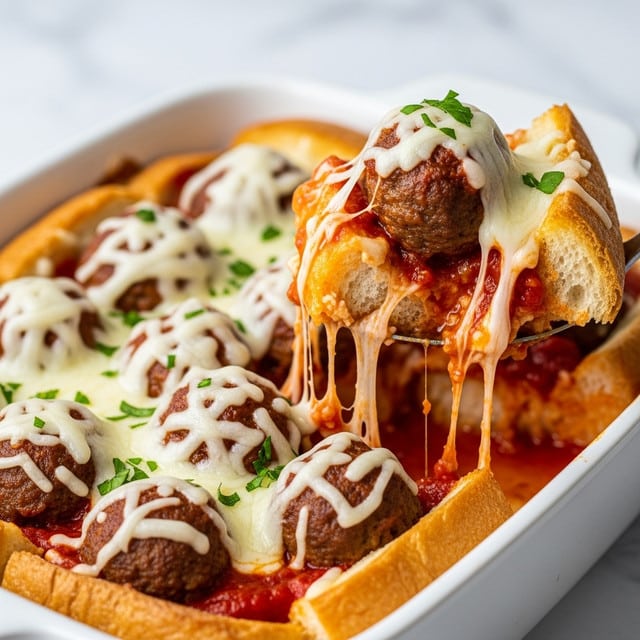 A close-up of a white baking dish filled with layers of golden toasted bread cubes, browned meatballs, bright red tomato sauce, and melted white cheese. The top layer has meatballs covered with melted cheese and bits of green herbs. A spoon lifts a piece that shows the bread’s crispy, airy texture soaked in sauce with melted cheese strings stretching from the dish. The background is a white marbled texture. Photo taken with an iphone --ar 4:5 --v 7