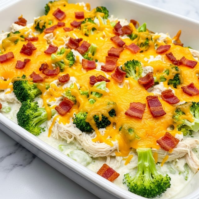 A close-up view of a creamy casserole in a white baking dish filled with shredded chicken and bright green broccoli florets, covered with melted golden cheddar cheese, and sprinkled with crispy reddish-brown bacon bits. The casserole has a thick white sauce that pools slightly at the bottom, with textured, tender chicken and vibrant broccoli evenly mixed. The dish is set on a white marbled surface, enhancing the rich colors of the food. photo taken with an iphone --ar 4:5 --v 7