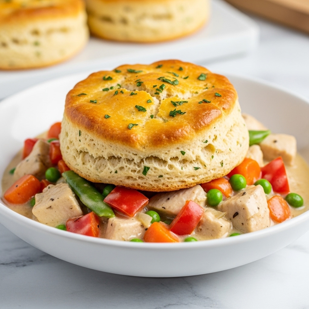 A close-up view of a white bowl with two thick layers showing: the top layer is a golden-brown, shiny biscuit sprinkled with green parsley, and underneath, a creamy mix of shredded chicken, bright orange carrots, green peas, and red bell peppers resting in a light sauce, all against a white marbled surface. The background is softly blurred with warm tones, highlighting the dish. photo taken with an iphone --ar 4:5 --v 7