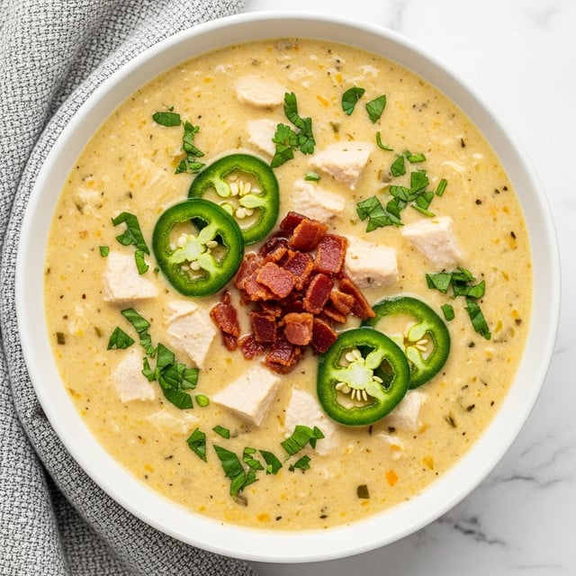A white bowl filled with a creamy soup featuring multiple layers of textures and colors: the base is light yellow with green bits of chopped herbs mixed evenly throughout. On top, there are sliced dark green jalapeños placed around the edge, and pieces of cooked white chicken scattered within. In the center, there is a pile of crispy reddish-brown bacon bits. The soup surface has an oily sheen with small red chili flakes sprinkled near the bacon. The bowl is set on a white marbled surface with some green leaves blurred in the background. The photo taken with an iphone --ar 4:5 --v 7