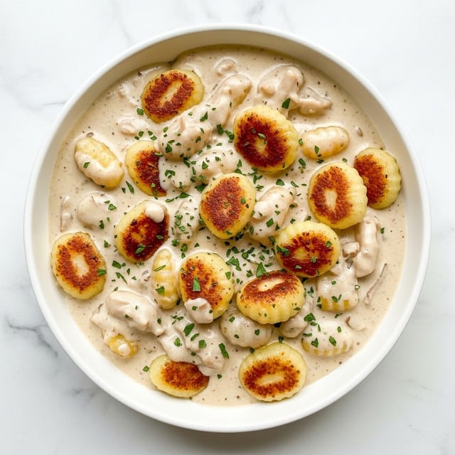 A white bowl filled with gnocchi covered in a creamy white sauce. The gnocchi pieces are golden brown on top with a slight crisp texture, showing gentle browning and some sprinkled green herbs for garnish. The creamy sauce looks thick and coats each gnocchi evenly, pooling slightly at the bottom. The bowl sits on a white marbled surface. Photo taken with an iphone --ar 4:5 --v 7