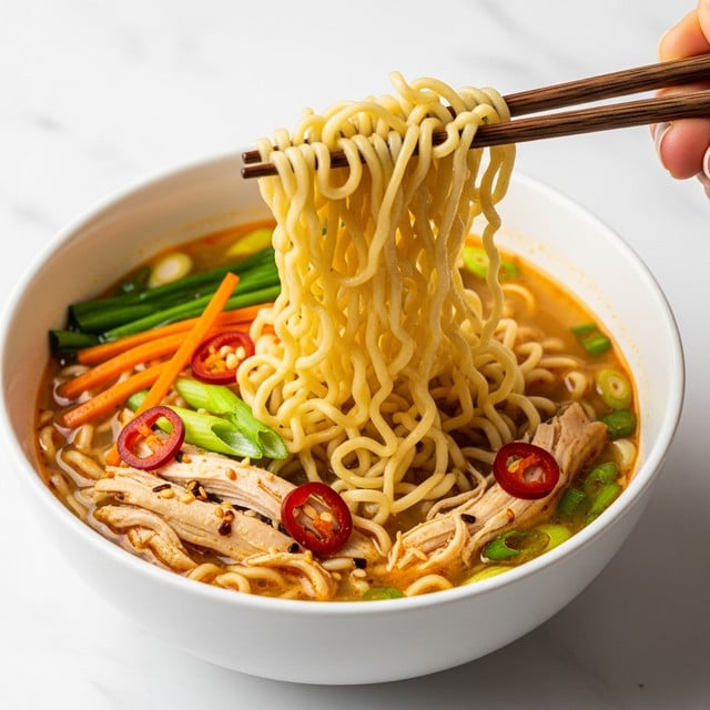 A close-up image shows a white bowl filled with broth and a nest of light yellow noodles lifted by black chopsticks held by a woman's hand. Inside the bowl, shredded light brown chicken pieces, bright green sliced scallions, and thin orange carrot strips sit in a clear broth with small red chili flakes floating on the surface. The bowl is placed on a white marbled surface. The photo taken with an iphone --ar 4:5 --v 7