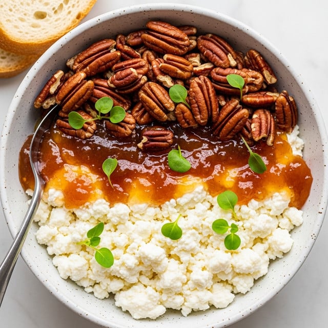 A close-up view of a round, off-white bowl filled with three visible layers: the bottom layer is soft white cheese with a crumbly texture, the middle layer is a shiny amber-colored jelly spread unevenly, and the top layer shows glossy, rich brown pecans sprinkled with small bright green herb leaves. The bowl sits on a white marbled textured surface with a piece of crusty white bread to the side, and a silver spoon partially dipped into the food inside the bowl. photo taken with an iphone --ar 4:5 --v 7