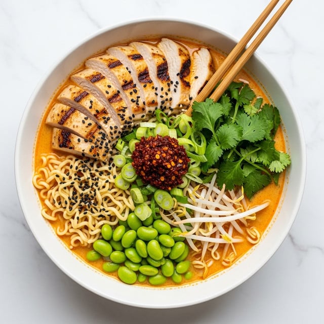 A white bowl on a white marbled texture surface holds a creamy orange broth base with curly ramen noodles partially submerged on the left side. On top, there are sliced grilled chicken breast pieces with golden-brown char marks arranged in a curved line at the top left. In the center, a mound of dark red chili flakes contrasts with bright green chopped scallions and cilantro leaves to the right. Fresh, light green edamame beans sit near the bottom left, next to thin white bean sprouts on the right edge. Black sesame seeds are sprinkled over the chicken slices and noodles, while wooden chopsticks rest on the bowl’s rim at the top right. Photo taken with an iphone --ar 4:5 --v 7