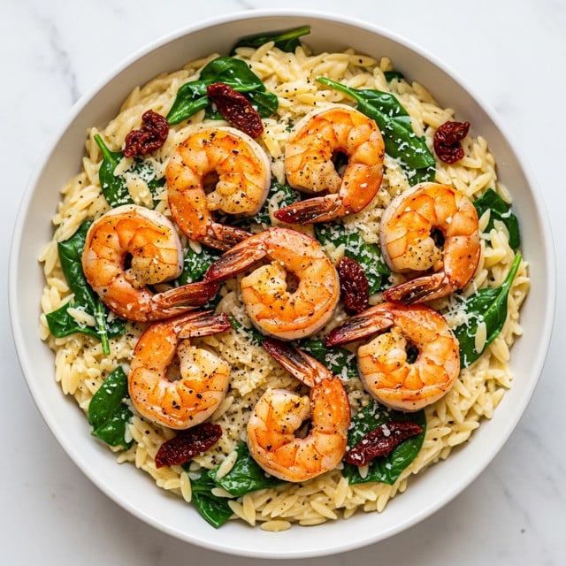 A white bowl filled with creamy orzo pasta at the bottom layer, light yellow in color, mixed with wilted dark green spinach leaves. On top, there are several grilled shrimp with orange and pinkish tones, slightly charred with black pepper sprinkled over them. Dried cherry tomatoes add small deep red patches scattered around the dish. The whole dish is lightly dusted with grated white cheese and cracked black pepper. The background shows a white marbled texture with some spinach leaves placed nearby. Photo taken with an iphone --ar 4:5 --v 7