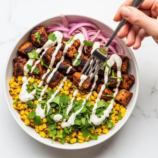 The image shows a close-up of a dish with several layers: at the bottom, there is a bright yellow layer of cooked corn mixed with green cilantro leaves, topped with pieces of grilled chicken that have a dark, charred crust and a reddish-brown color. Scattered among the chicken and corn are thin slices of purple onion, adding a sharp color contrast. Over the chicken and corn, there is a creamy white sauce drizzled unevenly, with some green herbs sprinkled on top. A woman's hand is holding a fork that picks up a piece of the grilled chicken. The dish is served in a round, white bowl on a white marbled background. photo taken with an iphone --ar 4:5 --v 7