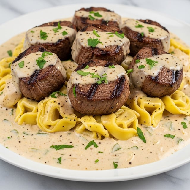 A close-up view of a creamy pasta dish served in a white plate, featuring two layers: the bottom layer is a light beige creamy sauce with specks of black pepper and small green herb pieces, covering the base and slightly pooling around the edges; the top layer is arranged with golden-yellow tortellini pasta and several pieces of browned, seared beef medallions with visible grill marks, all coated generously with the sauce. The dish is garnished with finely chopped parsley sprinkled evenly across the top, adding a fresh green contrast. The white marbled surface underneath complements the presentation, making the colors and textures stand out vividly. Photo taken with an iphone --ar 4:5 --v 7