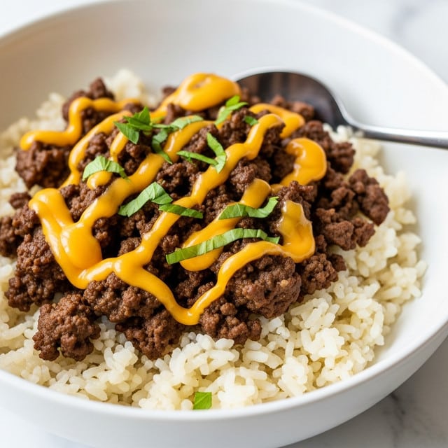 A close-up view of a white bowl filled with a mixture of cooked white rice and browned ground beef, topped with melted yellow cheese scattered unevenly over the top. Small pieces of chopped green herbs are sprinkled across the surface, adding a fresh contrast to the warm, hearty dish. The texture looks moist and slightly creamy from the melted cheese, with small chunks of meat visible throughout. A silver spoon rests inside the bowl on the right side. The bowl is set on a surface with a white marbled texture. photo taken with an iphone --ar 4:5 --v 7