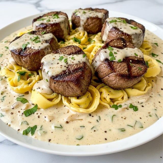 The dish shows a white plate filled with three layers: the bottom layer is a creamy light beige sauce covering the plate; the middle layer consists of yellow tortellini pasta with a smooth texture, partially submerged in the sauce; the top layer features several pieces of lightly charred brown beef tenderloin coated with the sauce, sprinkled with small green parsley flakes and black pepper flakes for garnish, creating a rich and hearty appearance; all elements are close together with the sauce pooling around the pasta and beef. photo taken with an iphone --ar 4:5 --v 7