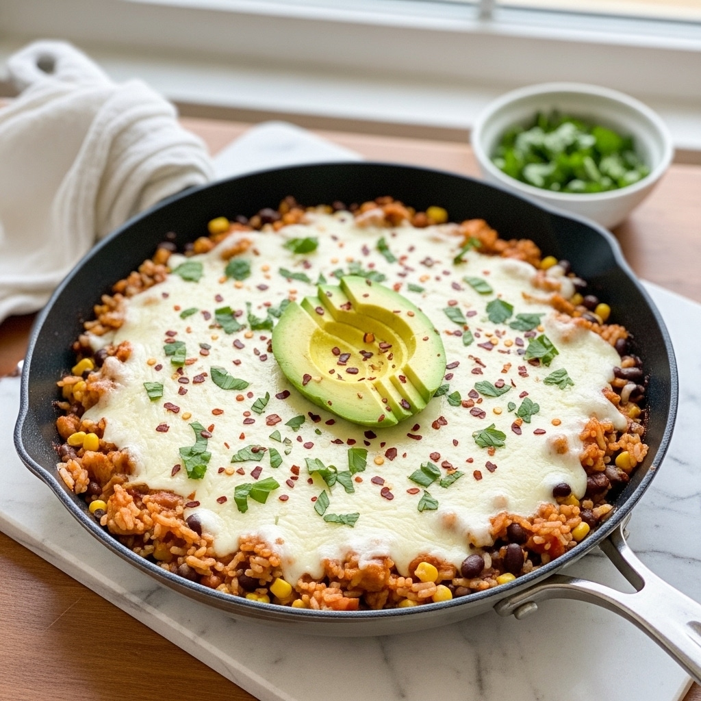 A skillet filled with a layered dish starting with a base of rice mixed with black beans and corn, topped with melted white cheese covering the whole surface. On top of the cheese, there are small pieces of chopped green herbs sprinkled evenly, and two slices of light green avocado placed side by side near the center. The whole dish is garnished with red pepper flakes scattered lightly over the top. The skillet rests on a wooden table near a window, with a small white bowl of chopped greens in the background and a white cloth to the side, all on a white marbled textured surface photo taken with an iphone --ar 4:5 --v 7