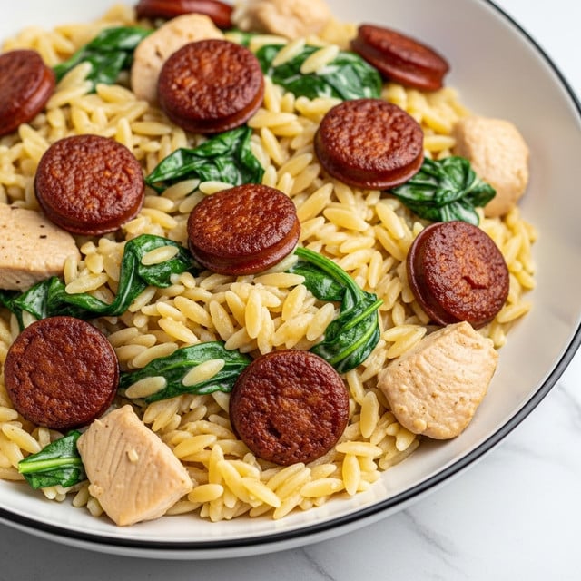 A close-up view of a creamy orzo pasta dish served in a white bowl with a thin black rim, placed on a white marbled surface. The dish has about three main layers: the bottom layer is small, light golden orzo pasta, soft and coated with sauce; scattered on top are browned, round sausage slices with textured, crispy edges giving a rich brown color; and there are pieces of cooked light tan chicken breast mixed throughout. Bright green leafy spinach or herbs are dispersed evenly in the dish, adding color contrast and freshness. The sauce looks creamy and lightly thick, clinging to each piece, making the dish appear moist and rich. Photo taken with an iphone --ar 4:5 --v 7