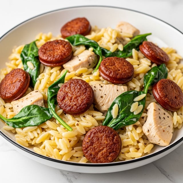 A bowl of creamy orzo pasta mixed with browned sausage slices and chunks of cooked chicken, all coated in a light orange sauce. Bright green spinach leaves are scattered throughout, adding color and freshness. The orzo pasta is small and rice-shaped, filling most of the white bowl with a black rim. The sausage pieces are golden brown with a crispy texture on top, and the chicken pieces are tender with a light brown sear. The background is a white marbled surface with a hint of a beige cloth under the bowl. photo taken with an iphone --ar 4:5 --v 7