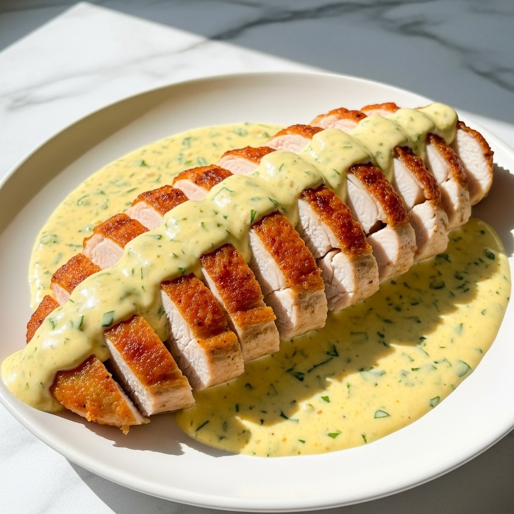 A white plate holds a sliced chicken breast arranged in a neat row with about 10 visible slices, each slice showing a golden brown, crispy skin on top and juicy white meat inside. The chicken is covered with a creamy yellow sauce mixed with green herbs, pooling around the chicken and filling the base of the plate, creating a rich look. The background is a white marbled texture with soft natural light from a nearby window, highlighting the textures of the crispy chicken and creamy sauce. photo taken with an iphone --ar 4:5 --v 7