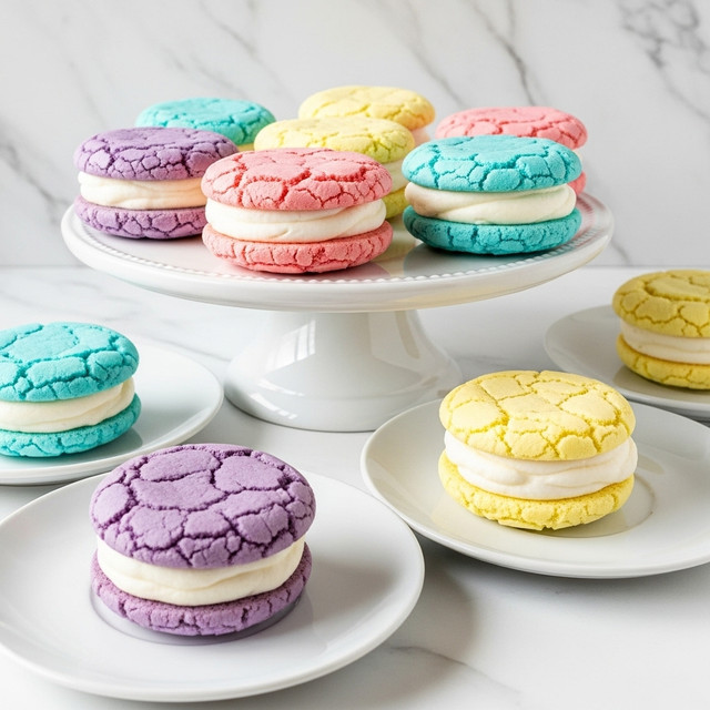 The image shows several pastel-colored sugar cookie sandwiches arranged on white plates and a white marbled surface. Each cookie sandwich has two round, cracked cookies in soft pastel shades of pink, purple, blue, yellow, and green, with a thick layer of creamy white filling in the middle. The cookies have a smooth but slightly cracked texture on the top surface, and the filling is evenly spread to create a neat sandwich shape. The cookies are stacked closely together on a white cake stand and laid softly on plates, showing various angles of the cookies. photo taken with an iphone --ar 4:5 --v 7