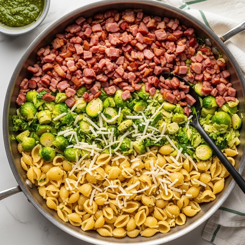 A silver pan filled with cooked shell pasta mixed with thin slices of green Brussels sprouts and small pieces of cooked pink bacon. The pasta is a light golden color and mixed evenly with the vibrant green sprouts and scattered bits of bacon, all lightly coated in a herb-filled sauce. Some grated white cheese is sprinkled on top, adding texture. The pan sits on a white marbled surface with a small white bowl of green pesto, a halved lemon, and a white cloth with green stripes nearby, and a black spoon rests inside the pan. Photo taken with an iphone --ar 4:5 --v 7