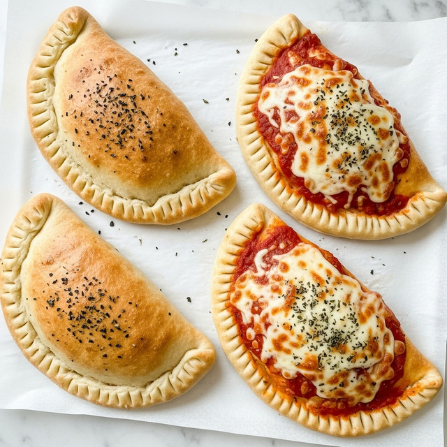 Four half-moon shaped calzones rest on white parchment paper on a white plate over a white marbled surface. Each calzone has a golden-brown crust with crimped edges, two are topped with melted, bubbly mozzarella cheese with golden spots and sprinkled with dried herbs, and the other two have a matte baked crust with faint herb specks. Some red tomato sauce peeks out from under the cheese on the two melted cheese calzones, adding contrast. The light creates soft highlights on the crust and cheese, showing the different textures clearly. photo taken with an iphone --ar 4:5 --v 7