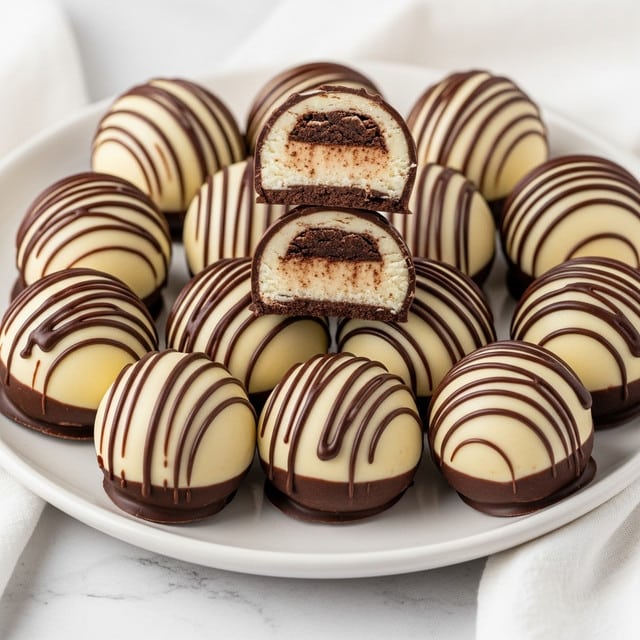 A round white plate holds about a dozen dome-shaped truffles with three visible layers. The bottom is a dark brown chocolate base, firm and smooth. Above that is a thick, creamy off-white layer with a soft, slightly crumbly texture, visible in the truffle cut in half at the center. The top dome layer is pale beige with a smooth glossy surface, covered by thin, dark chocolate drizzles creating a striped pattern. The plate sits on a white marbled table with a soft white cloth nearby. Photo taken with an iphone --ar 4:5 --v 7
