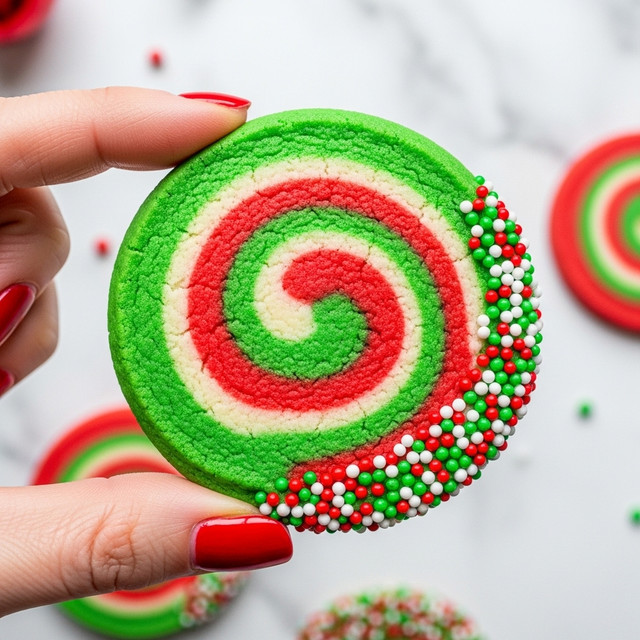 The image shows a close-up of a round cookie with three swirling layers of color – red, white, and green – forming a spiral from the center outward. The edge of the cookie is decorated with small red, white, and green round sprinkles. A woman's hand with red nail polish is holding the cookie, and the background features a white marbled surface. photo taken with an iphone --ar 4:5 --v 7