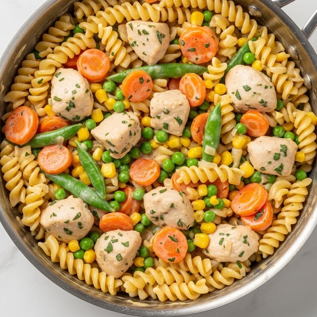 A close-up view of a silver pan filled with creamy rotini pasta mixed with cooked chicken chunks, bright orange carrot slices, yellow corn kernels, and green peas, all coated in a light beige creamy sauce with small green herb flecks scattered throughout. The spiraled pasta twists create texture alongside the tender pieces of chicken and colorful vegetables. The pan rests on a white marbled surface, highlighting the dish's warm and fresh appearance. Photo taken with an iphone --ar 4:5 --v 7