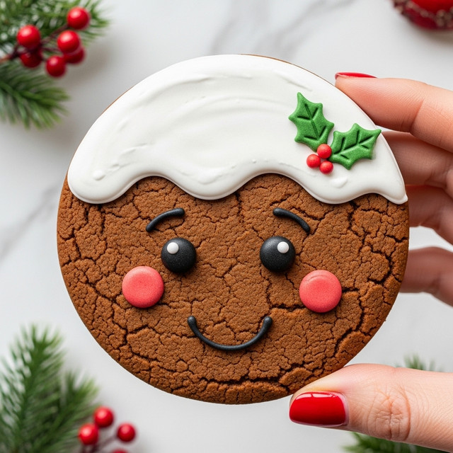 A round gingerbread cookie with a brown cracked textured surface is decorated to look like a smiling face. The top third is covered with uneven white icing that looks like snow, with a small green holly leaf and three red berries on the right side near the edge. The cookie has large black icing eyes with tiny white dots, thin black curved eyebrows, red round cheeks made of icing, and a simple black curved smile that shows a warm expression. A woman's hand with red painted nails is holding the cookie on the right side, set against a white marbled background with small green pine leaves and red berries partially visible. Photo taken with an iphone --ar 4:5 --v 7