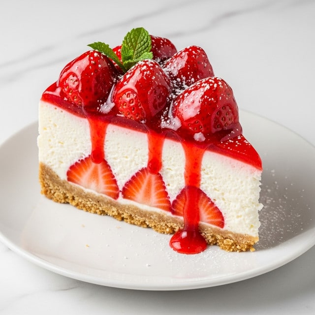 A slice of strawberry cheesecake sits on a white plate over a white marbled surface. The dessert has three main layers: a thick, crumbly light brown crust at the bottom; a thick, fluffy white creamy middle layer; and a glossy bright red strawberry topping with whole strawberries on top. The strawberries are fresh and shiny, covered in a glossy red sauce that drips down the side of the slice. There is also a small green mint leaf on top and a light dusting of powdered sugar over the strawberries and sauce. Photo taken with an iphone --ar 4:5 --v 7