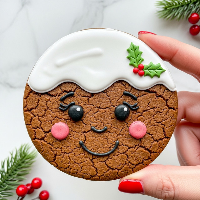A round gingerbread cookie held by a woman's hand with red nail polish, decorated to look like a smiling face with two black eyes, small black eyebrows, and a curved black smile. The top part of the cookie is covered in white icing resembling snow, with a small green holly leaf and three red berries on the upper right. Each cheek has a small red icing dot, mimicking rosy cheeks. The background is a white marbled surface with green pine needles and red berries near the bottom left corner. Photo taken with an iphone --ar 4:5 --v 7