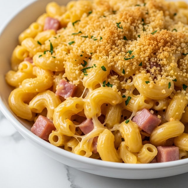 The image shows a close-up of a creamy mac and cheese dish topped with a golden-brown, crunchy breadcrumb layer. The pasta is elbow macaroni, coated in a smooth, cheesy sauce with melted cheese strands visible. Mixed inside are small pieces of ham that add a pink contrast against the pale yellow sauce and pasta. Small green herb bits sprinkled on top add a touch of color. The dish is in a white bowl placed on a white marbled surface. Photo taken with an iphone --ar 4:5 --v 7